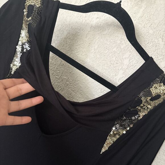 Fitted Black Gold Party Mini Dress Scoop Neck 3/4 Sleeve Sequin Stretch Size S - Picture 8 of 12